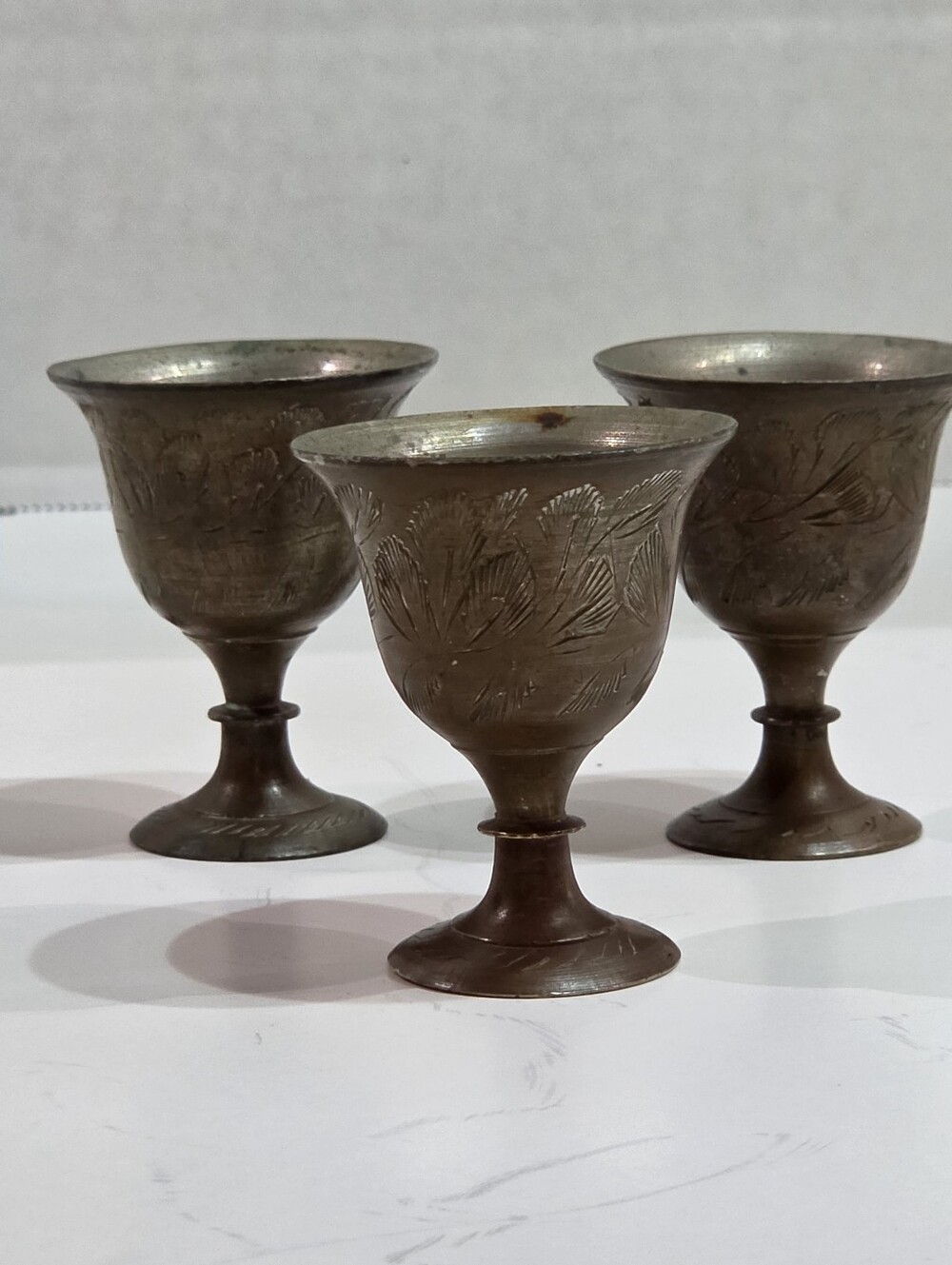 Set of 3 Vintage Brass Miniature Goblets 2.25” Small Etched Cordial Cups
